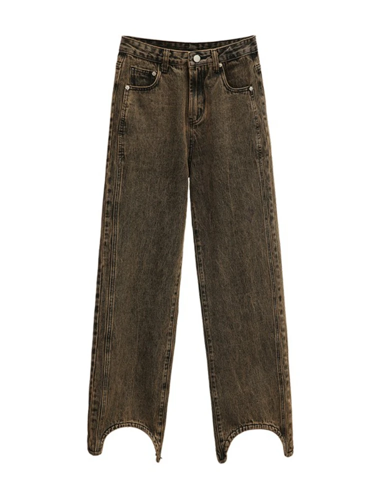 

WeiYao Originally-designed subcultural arc high-waisted dune brown American straight jeans Women's retro high-street style pants