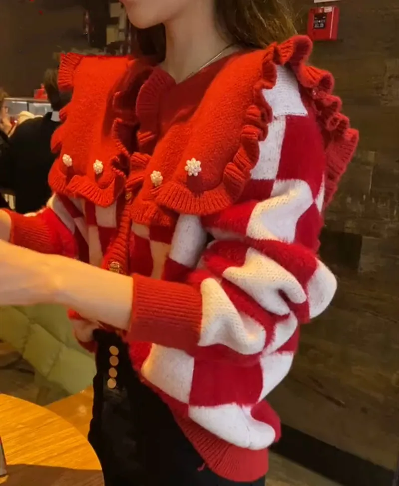 

Женский свитер KCHY, модный вязаный кардиган с шахматным воротником и стразами