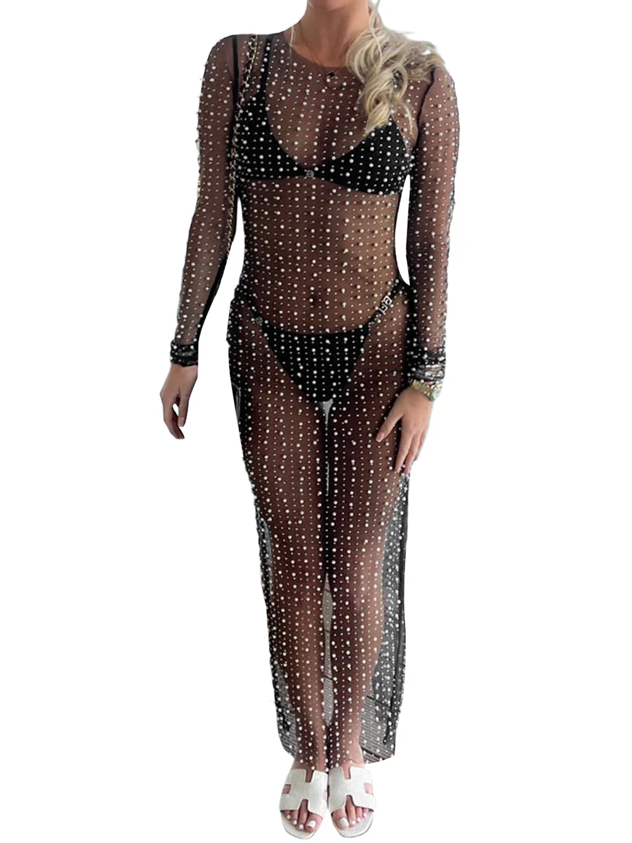 

Sexy Women s Sheer Mesh Pearl Rhinestone Cover Up Dress Beach Swimwear Bikini Bathing Suit Coverups