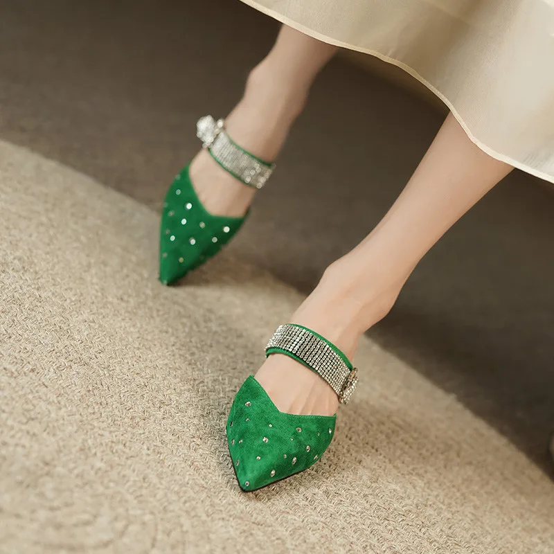 

Dilalula Women Sandals Thin High Heels Pointed Toe Mules Fashion Rhinestone Slippers Kid Suede Leather Pumps Shoes Woman Summer