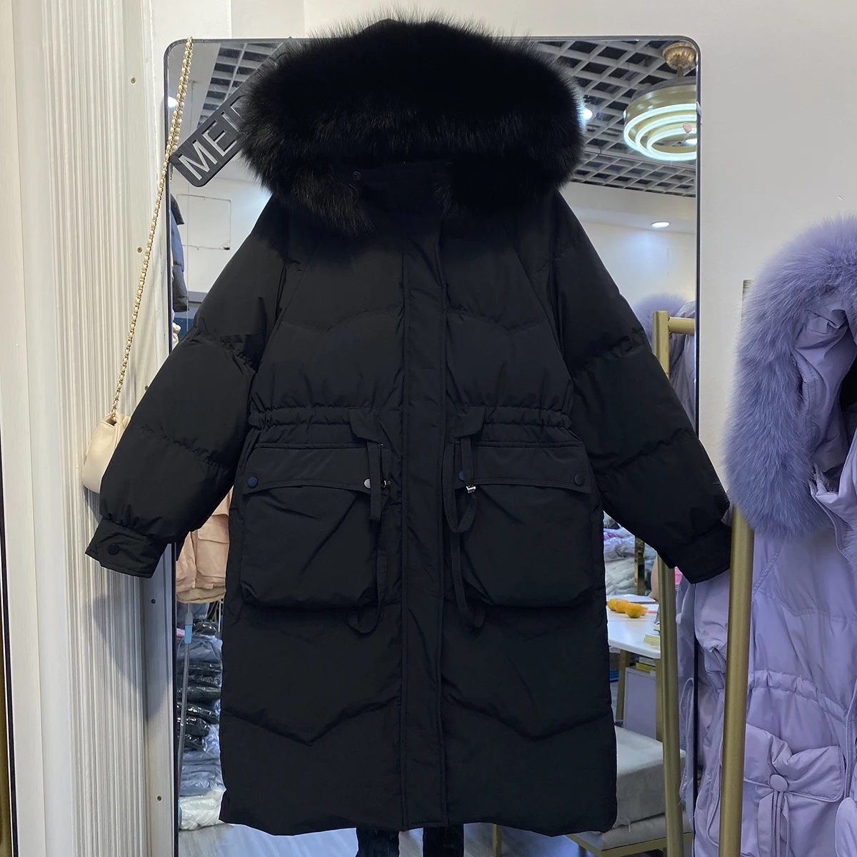 New Women Fox Fur Collar Down Jacket Casual Style Autumn Winter Long Coats And Parkas Female Outwear