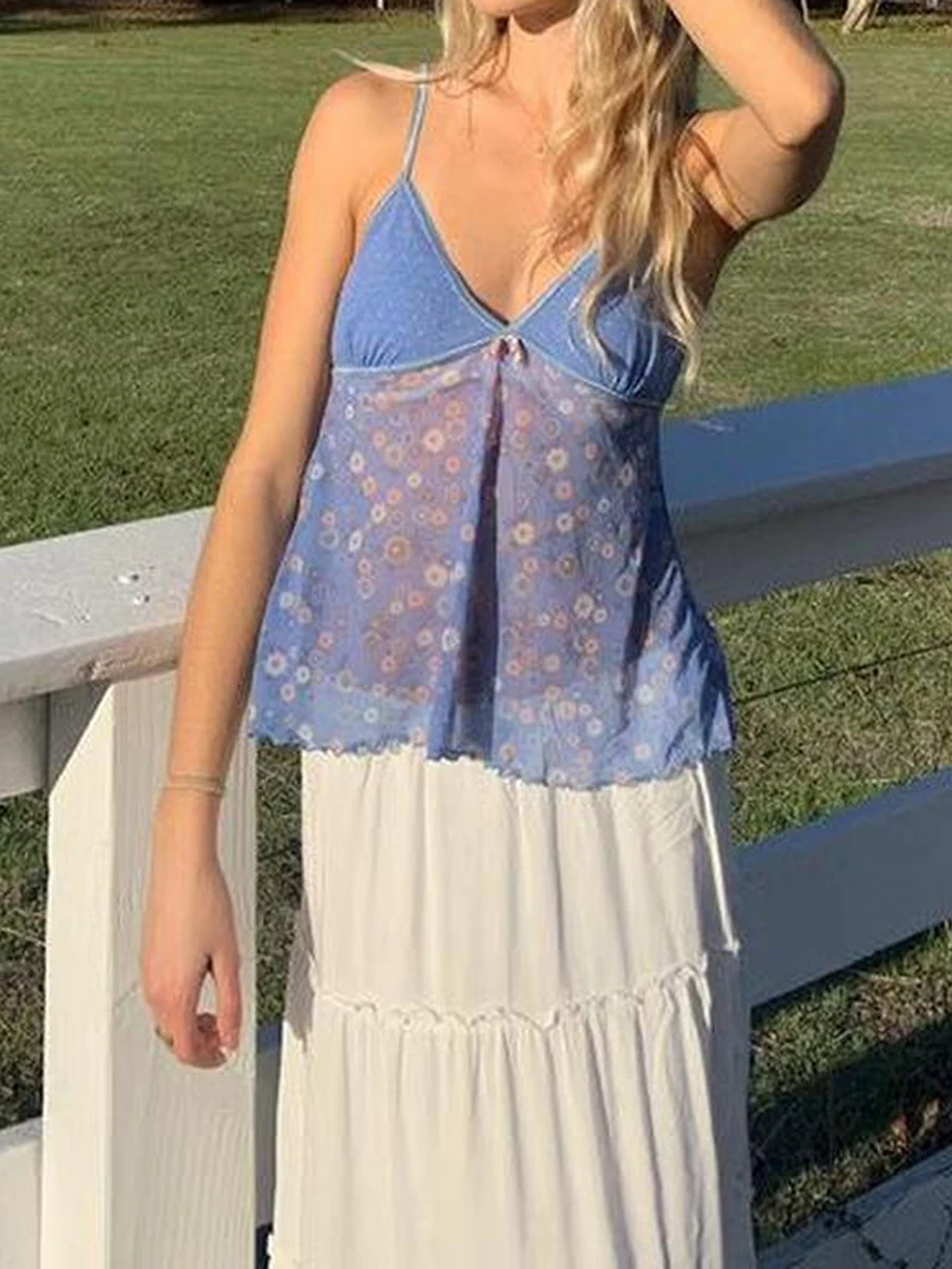 

Y2k Fairycore Floral Print V Neck Camis Boho Holiday Kawaii Crop Tops Summer Backless Spaghetti Strap Mini Vest Vintage Clothes