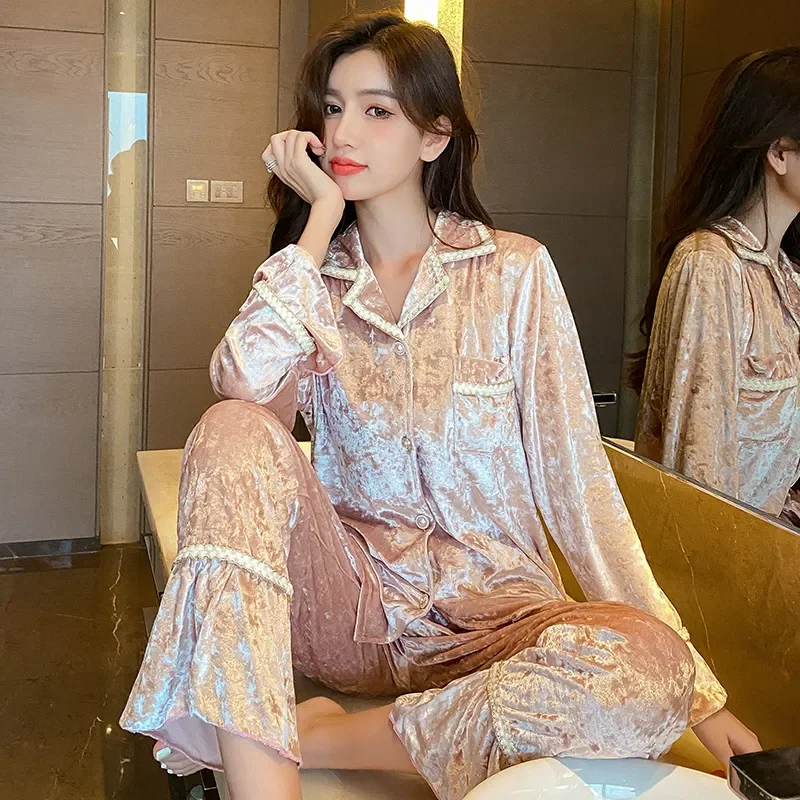 

Fdfklak Women's Pajamas Set Lapel Design Sequins Home Clothes XXL Large Size Nightwear Winter Golden Velvet Print Sleepwear