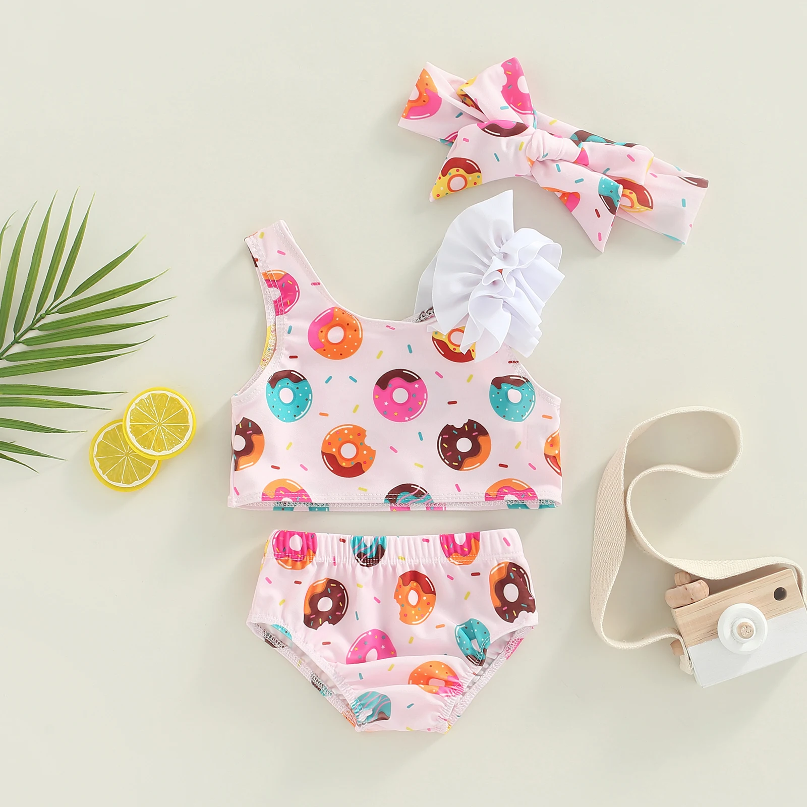 

3-Piece Toddlers Girls Swimwear Doughnut Print Asymmetric Strappy Tops + Pantie + Headband Swimsuit 6 Months to 3 Years