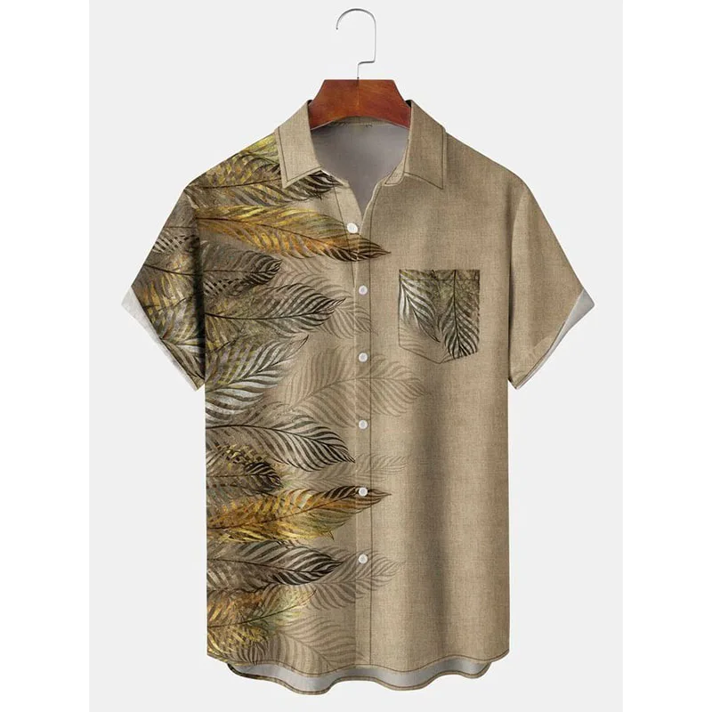 

Badassdude Art Palm Leaf Chest Pocket Printed Men's Casual Short Sleeved Shirt