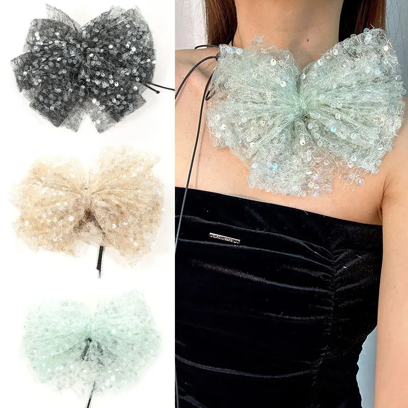 Vintage Handmade Lace Sequins Bowknot Big Flower Clavicle Chain Necklace for Women Adjustable Choker Dinner Party Neck Jewelry