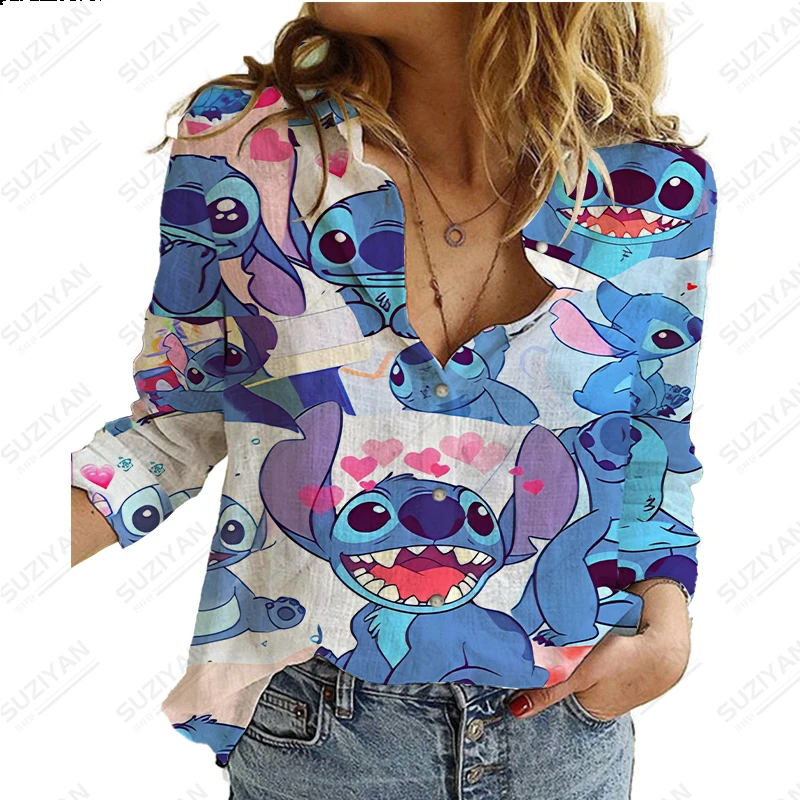 

2023 New Spring and Autumn Long Sleeve Button Up Shirt 3D Print Loose and Comfortable Harajuku Fit Large Disney Stitch 626 5XL