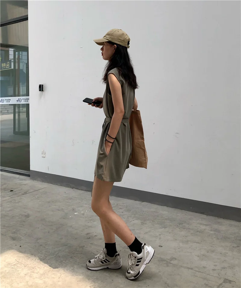 Women Summer High Waist Wide Leg Jumpsuit Overalls Shorts Casual Fashion Solid Sashes Loose Female Romper One Piece Outfit Black
