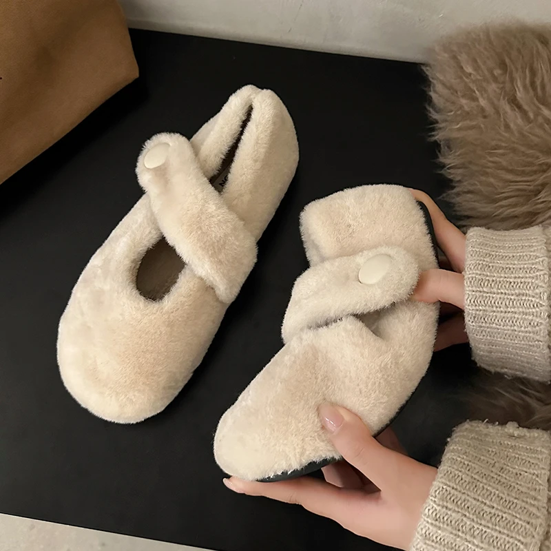 

Туфли женские с круглым носком, повседневная мягкая обувь, лоферы, меховое модное платье, Мокасины, лодочка, зимняя флок с ремешком, 2023