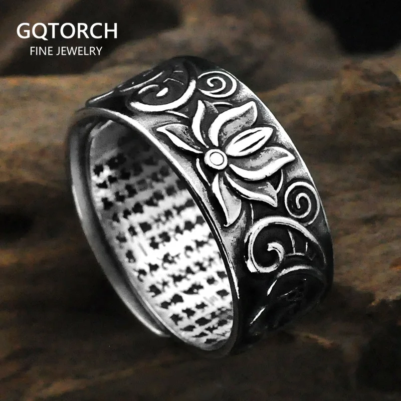 

Lotus Pattern Heart Sutra Men and Women Ring S925 Silver Amitabha Vintage Thai Silver Buddha Ring