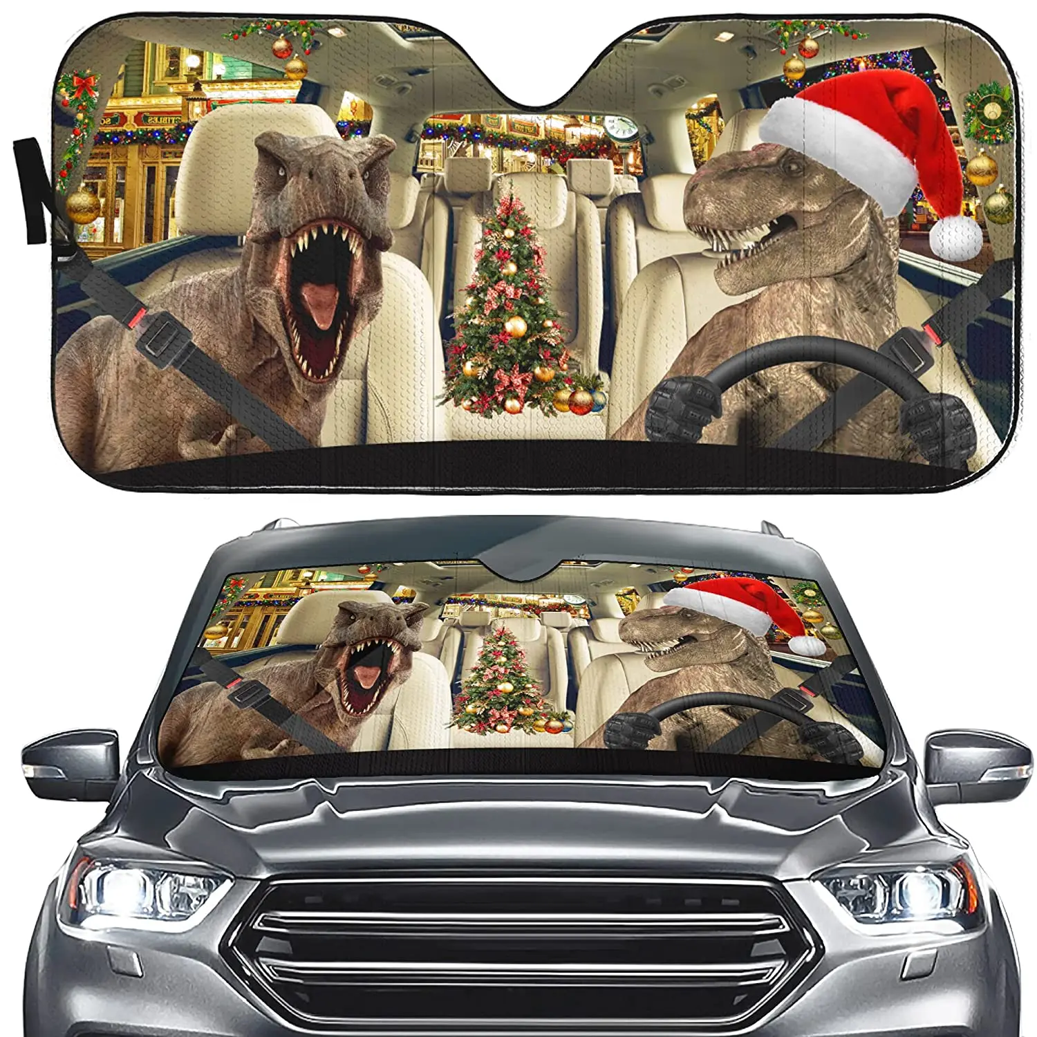 Happy Christmas Dinosaur Driver Parabrezza Parasole Decor Auto/Camion, Albero Di Natale Car Front Window Tyrannosaurus Parasole Vi