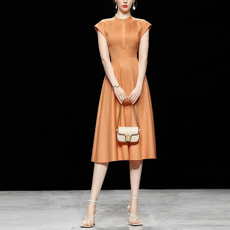 Summer 2023 new fashion retro waist waist swing mid-length orange sleeveless shirt dress