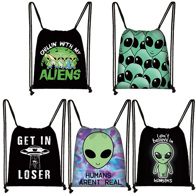 Alien L Want To Believe Print Drawstring Bag Ufo Women Backpacks Suga Min Yoongi Shoulder Bag for Travel Shoes Bags Holder