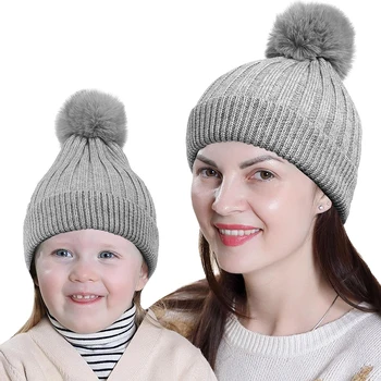 Autumn Winter Family Pompoms Hat Mother and Kid Child Baby Warm Beanie Knitted Crochet Baby and Mom Family Match Soft Hat Caps 1