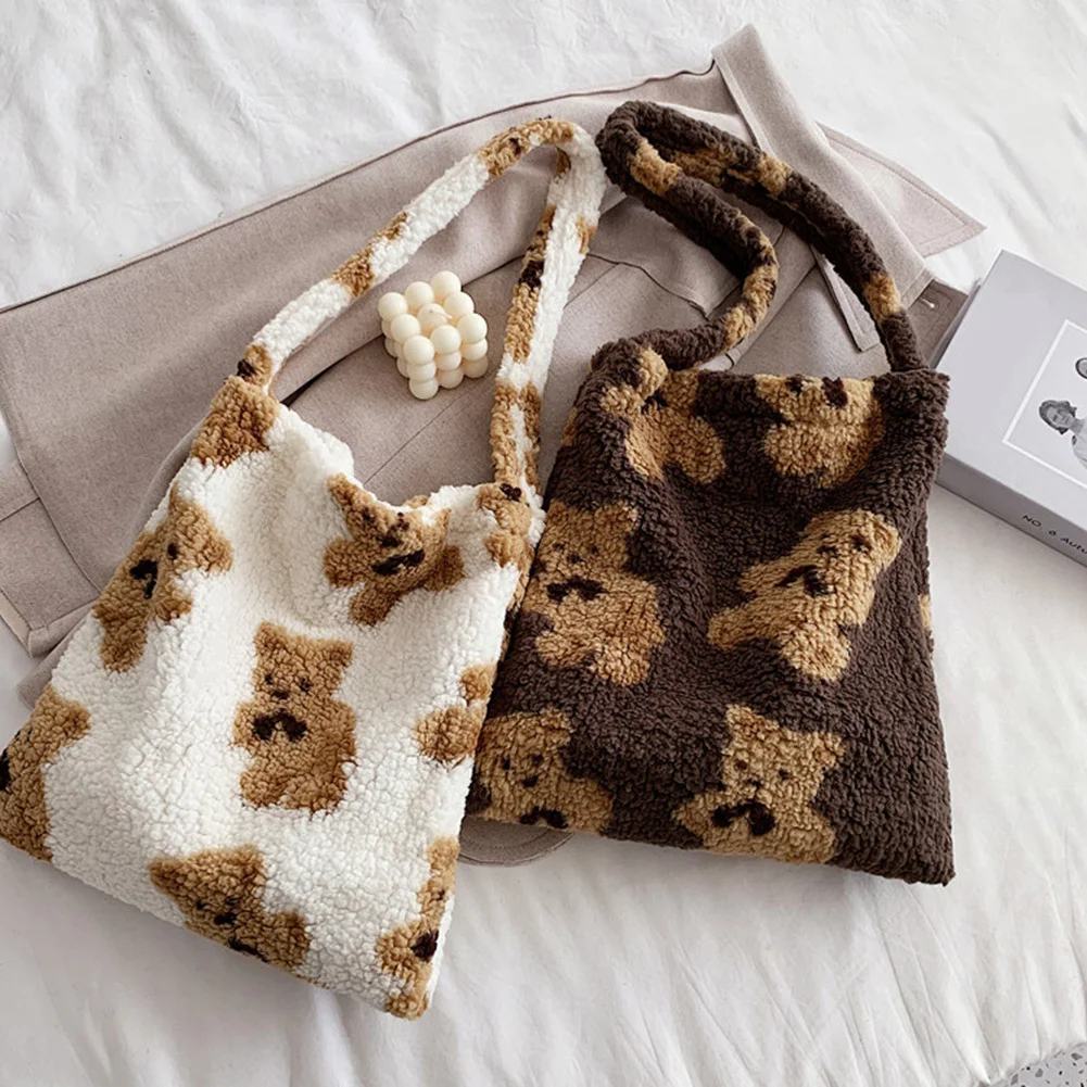 

Women Lamb Like Fabric Shoulder Tote Bag Canvas Fluffy Fur Bear Handbags Large Capacity Soft Shopping Bags Girls Cute hool Bag