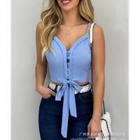 womens camis top summer sexy solid slim single breasted short vest womens spaghetti strap v neck backless bow bandage camis