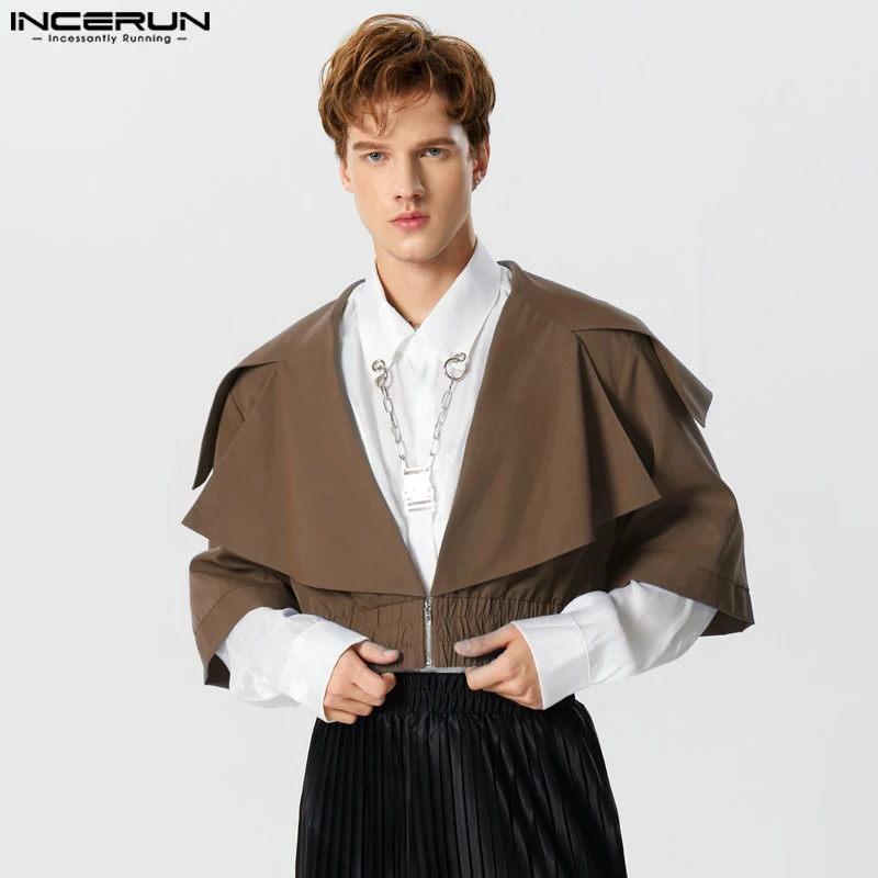 

2023 Men Jackets Solid Color Lapel Short Sleeve Zipper Casual Crop Coats Men Loose Streetwear Fashion Outerwear S-5XL INCERUN