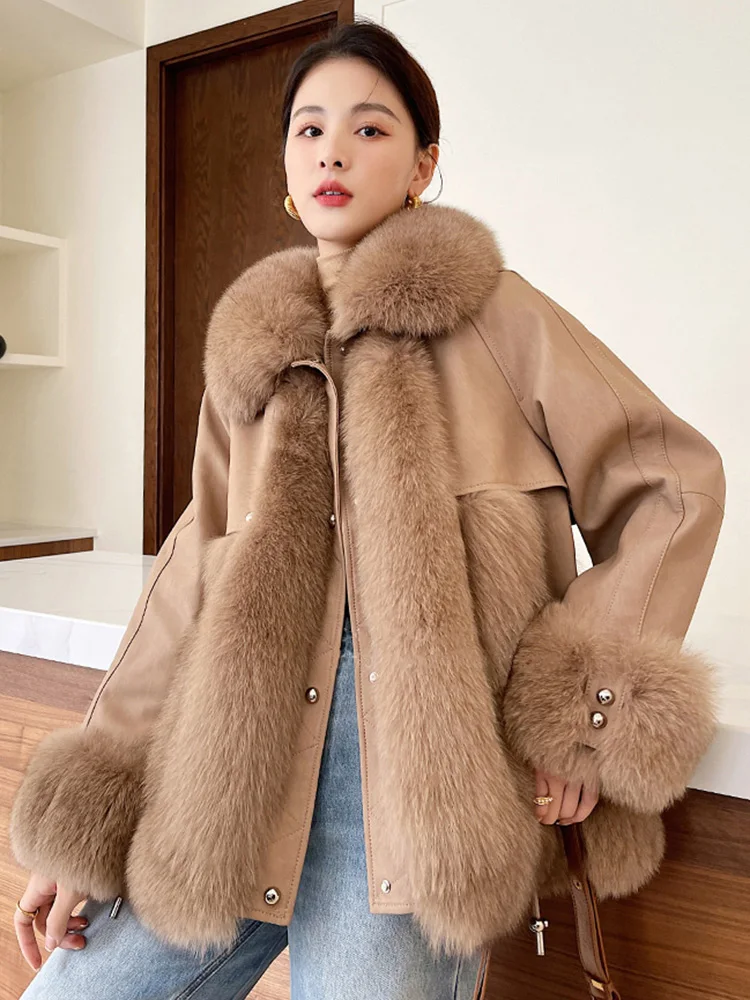 Women Real Fur Coat Autumn Winter Fashion Casual Thicken Big Fox Fur Collar Down Cotton Liner Sheepskin Jacket Young Outerwear