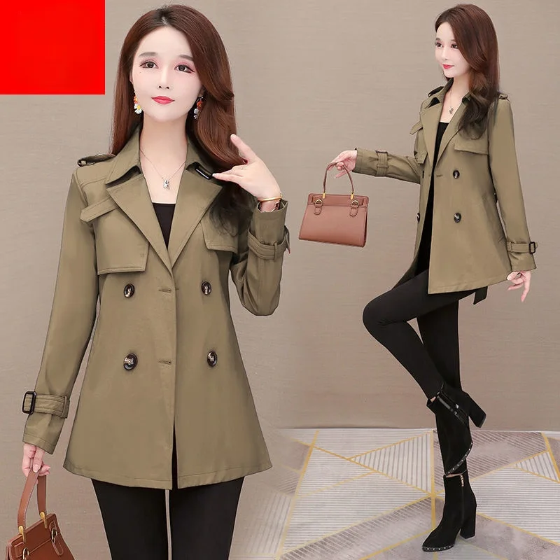 

New Fashion 2022 Fall /Autumn Casual Double Breasted Simple Classic Short Trench Coat with Belt Chic Female Windbreaker J296