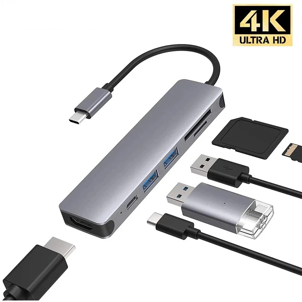 Adaptador USB 3,0 Tipo C Hab 6 Em 1 Duplo USB Tipo C Doca Para MacBook Pro Com 4K Video USBC SD TF Leitor De Cartao Microsd Hub
