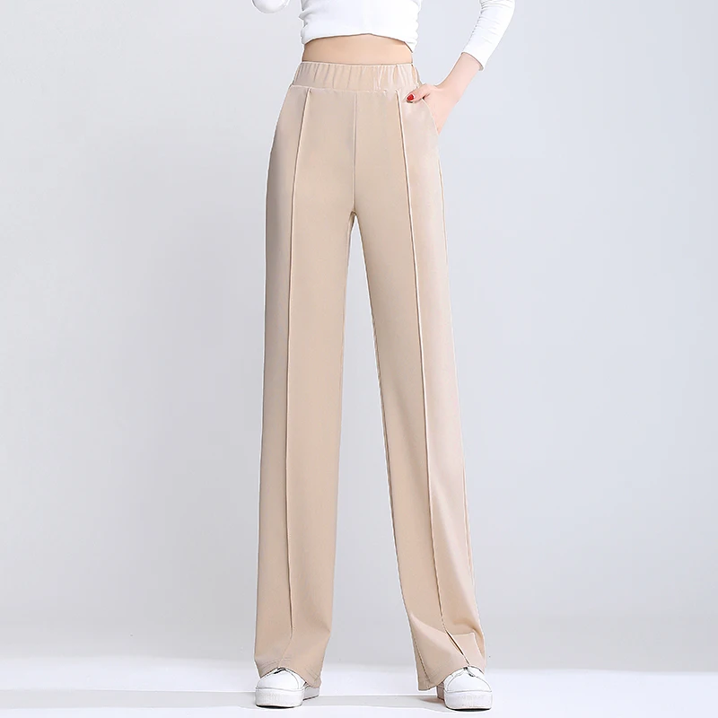 

Summer Women's Wide Leg Pants Solid Color Leisure Elastic Waist Chiffon Korean Fashion Pocket Loose Female Clothing Houthion