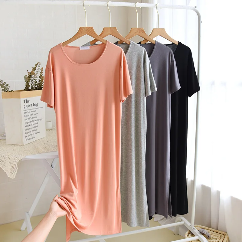 2023 New Summer Women's Sleeping Dress Combed Cotton Bottom Split Long Dress Casual Solid Color Slim Short Sleeve Home Dress