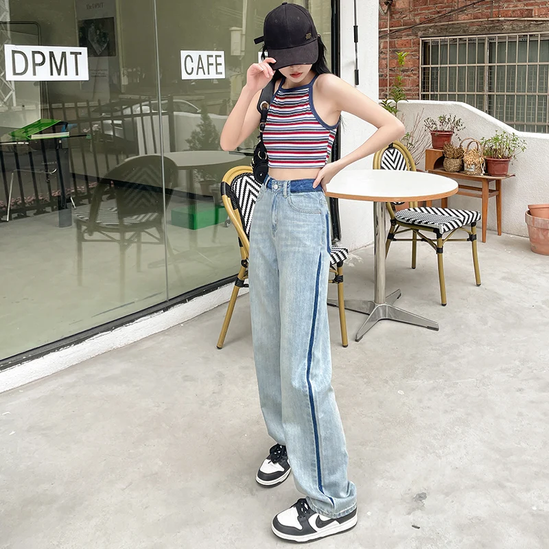 2023 women's denim trousers blue commuting summer new Korean version of high waist contrast color personality design sense loose