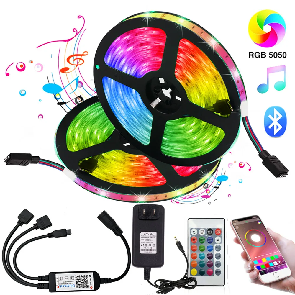 

LED Strip Light Flexible Ribbon Bluetooth Controller RGB 5050 LED Light Tape with 24 Keys IR Remote Control for Home Decoration