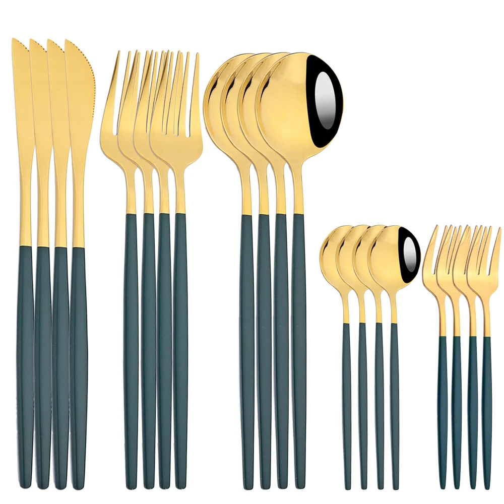 

20pcs Green Gold Dinnerware Set Stainless Steel Tableware Set Knife Fork Spoon Flatware Set mirror Gold Cutlery Set Spoon