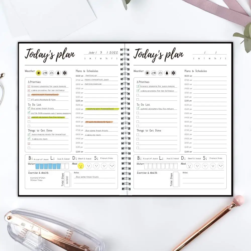 

Daily Work Planner Hourly Schedule Planner Spiral Agenda Notebook Wellness Journal with TO-DO List,PrioritiesFlexible PVC Cover