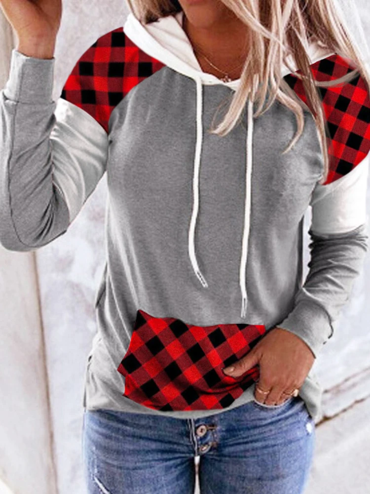 

Plaid Color Block Drawstring Kangaroo Pocket Hoodie Streetwear Casual Cardigan Long-Sleeved