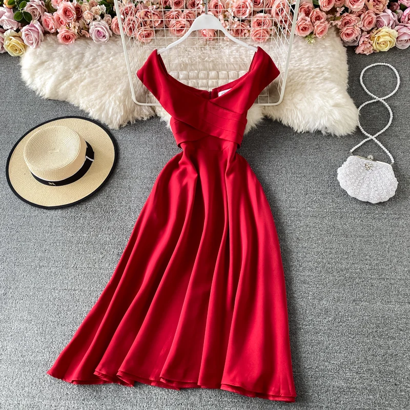 

Vintage Slim Ruffles Sexy Off Shoulder Summer Dress Vestido De Festa 2022 Women Casual Elegant Party Dresses A-Line Vestidos