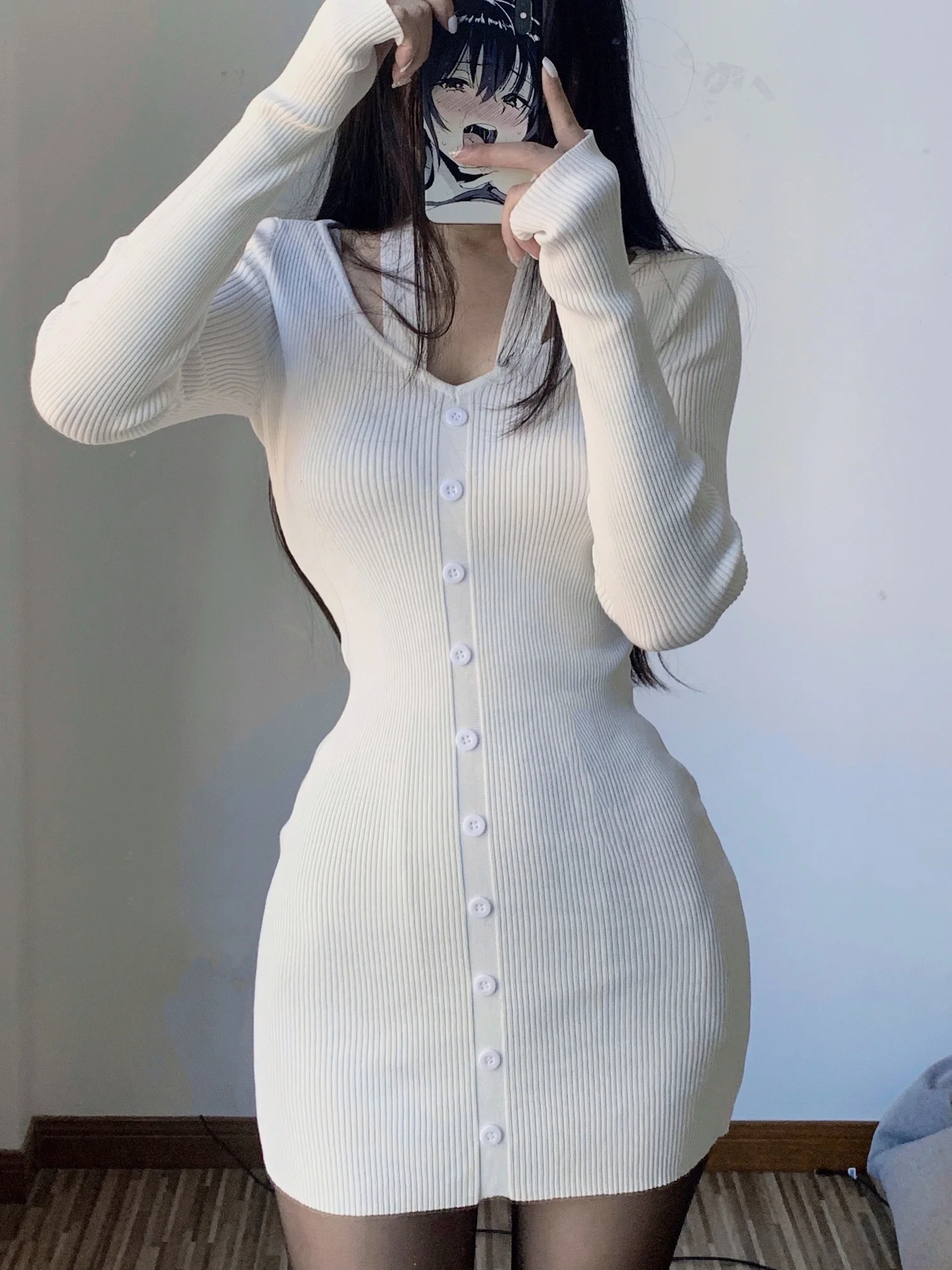 

Spice Women Autumn WOMENGAGA New Slim Round Neck Knitted Long Sleeve Single Breasted Buttock Sweater Mini Dress Kroean F8WC