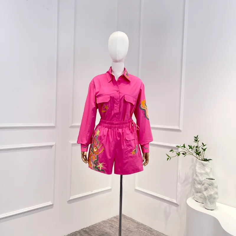

2023 Top Quality New Arrival Summer Women Fashion Pink Printing Turn-down Collar Knee-length Blouse and Shorts Set