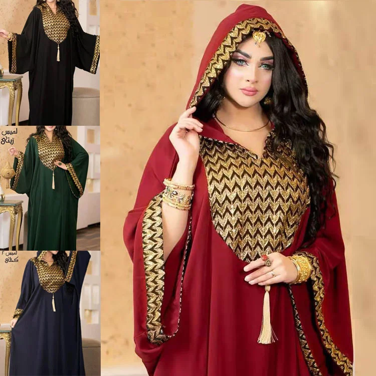 Fashion Muslim Dress Handmade Red Dress Hooded Muslim Maxi Dress 2022 New Kaftan Abayas Djellaba Moroccan