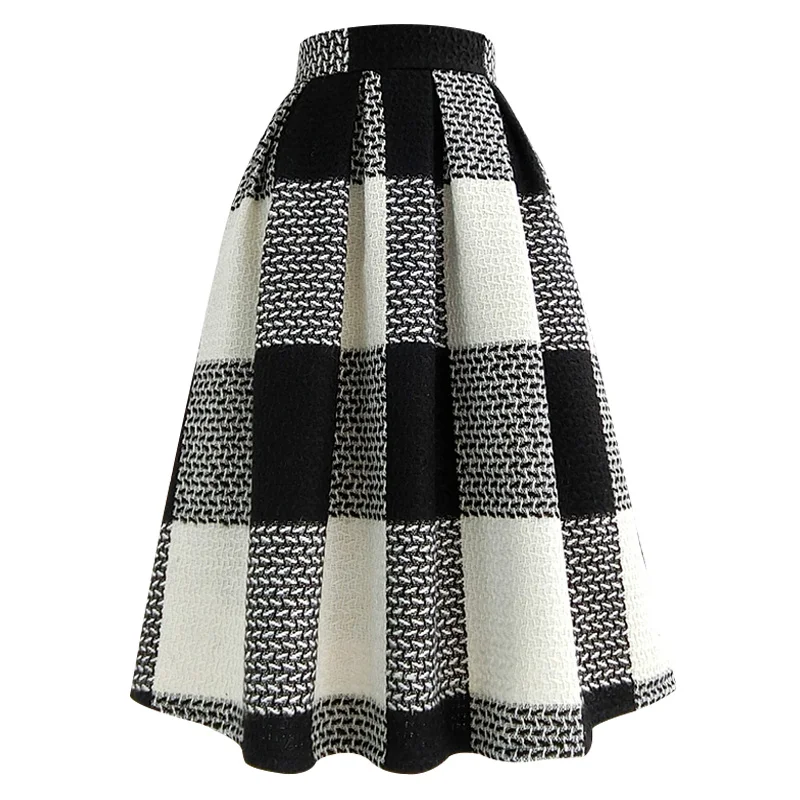 Elegant Plaid Wool Ball Gown Women Autumn Winter Thick Warm High Waist Vintage Umbrella Skirt q55