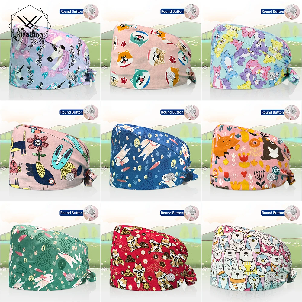 

Nurse Tie Back Hat Cotton Printing Animal Pattern Scrub Hat with Buttons Pet Shop High Quality Beautician Dust Proof Scrubs Caps
