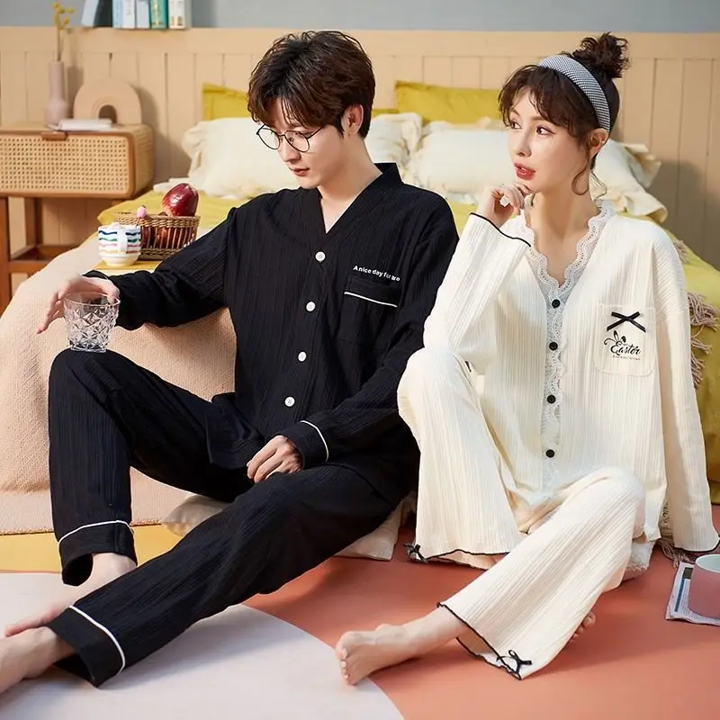 Two sets of price  Couples' pajamas Women's autumn and winter cotton long-sleeved cardigan Men's pajamas Home clothes Spring