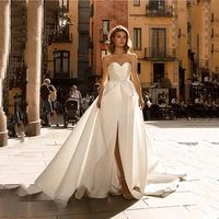 high split wedding dress satin hy015 floor length elegant simple gowns strapless sleeveless vestidos de novia robe2022for women