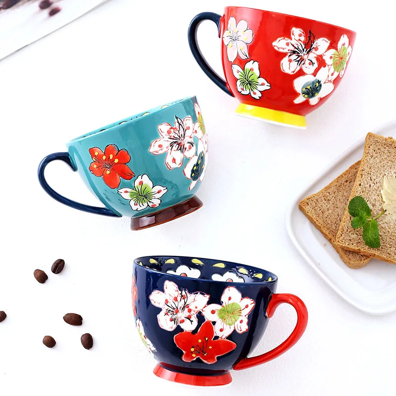 

Hand-painted relief ceramic breakfast cup oatmeal milk cup household large-capacity underglaze color coffee cup mug