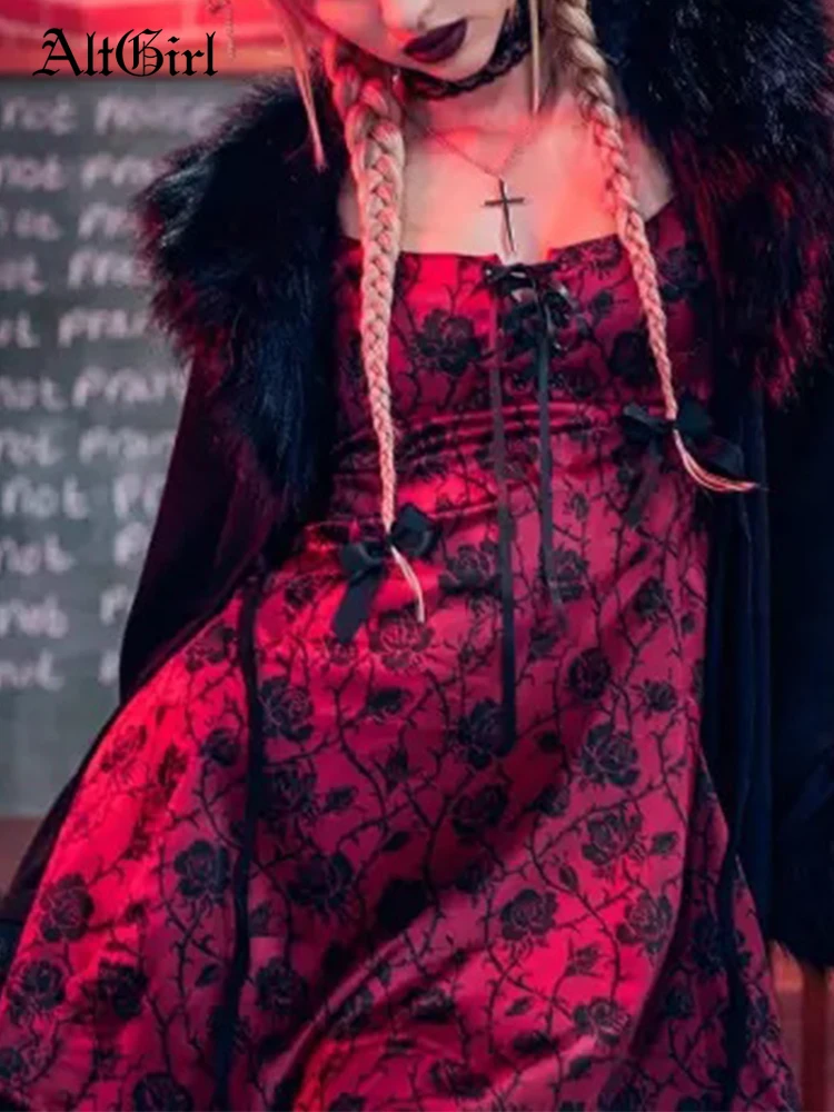 

AltGirl Gothic Red Dress Women Aesthetic Vintage Punk Dark Rose Print Bandage High Waist Dress Y2k E-girl Fairy Grunge Partywear
