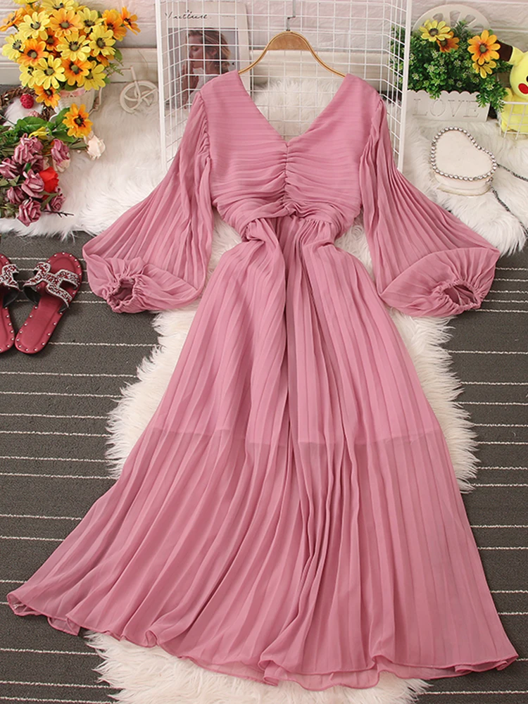 

Платье женское длинное Плиссированное с V-образным вырезом и пышными рукавами