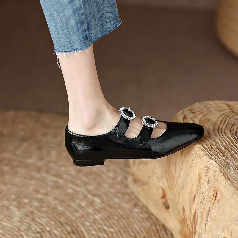 Gold Silver Black Heeled Flats Girls Luxury Mary Janes Shoes 2022 Fall Retro Genuine Leather Crystal Buckle Sweet Princess Shoes