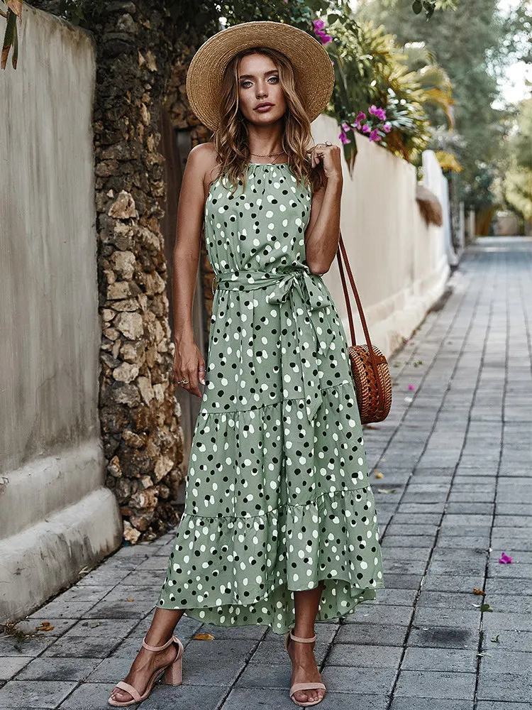

Long Dot Vacation Style Print Dress Women Lace Up High Waist O Neck Big Swing Fashion Summer Sleeveless Dress New 2022