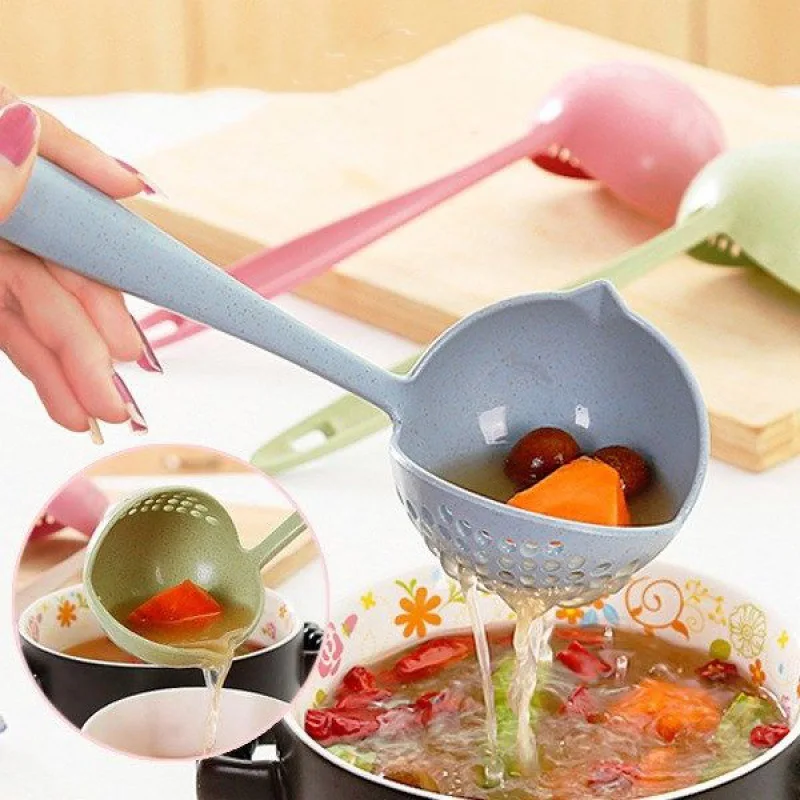 

Long Handle 2 In 1 Soup Spoon Slotted Spoon Home Strainer Cooking Colander Kitchen Scoop Plastic Kitchen Accessories