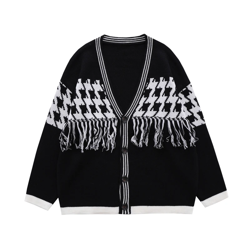 

Contrast Color Patchwork Tassel Cardigan Sweater Coat Men and Women V Neck Streetwear Casual Knitted Oversize Autumn Clothes
