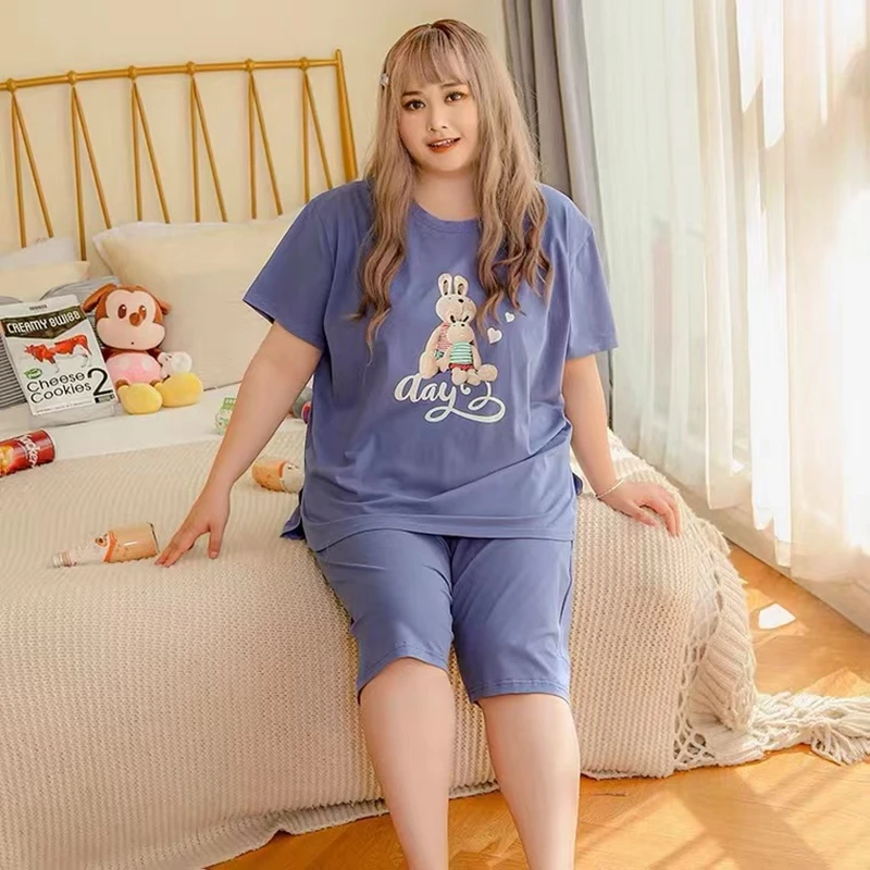 

Summer fat mm large pajamas with breast pads female 100kg Sweet cartoon modal thin short sleeve Pullover home clothes
