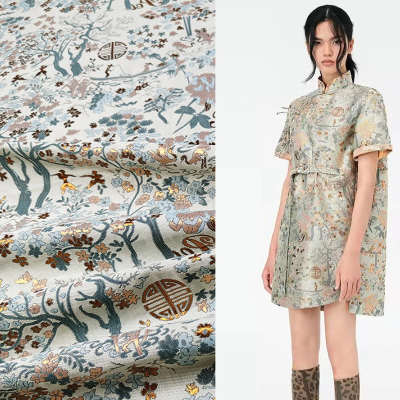 

Brocade Satin Yarn-dyed Gold Silk Jacquard Fabric Clothing Cheongsam Tang Suit Windbreaker Material for Sewing by the Yard