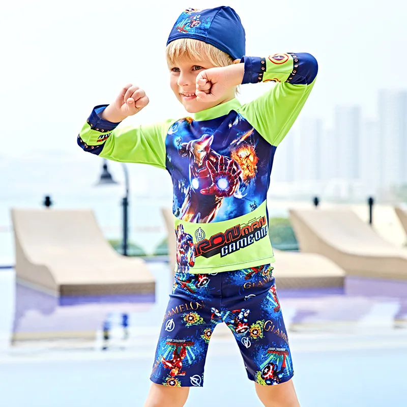 

New Children's Rash Guard Split Long Sleeve Shorts Sunscreen Boys' Cartoon Summer Swimsuit Three Piece Kids Bathing Suit Sets