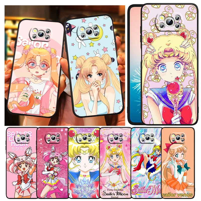 

Love Sailor Moon Girl For Xiaomi Civi Mi Poco X4 X3 NFC F3 GT M4 M3 M2 X2 F2 Pro C3 4G 5G Soft TPU Cover Black Phone Case